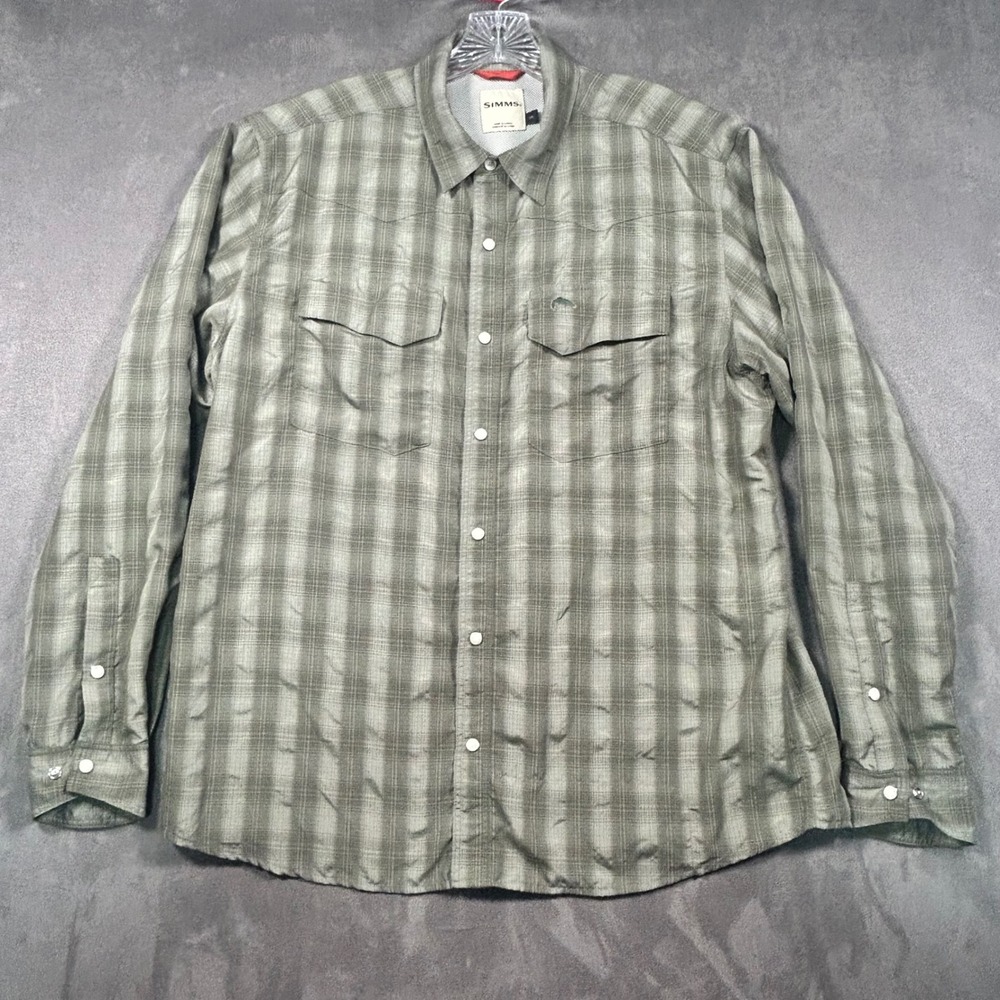 Simms Mens Long Sleeve Pearl Snap Plaid Fishing Shirt Green Large Vented Back